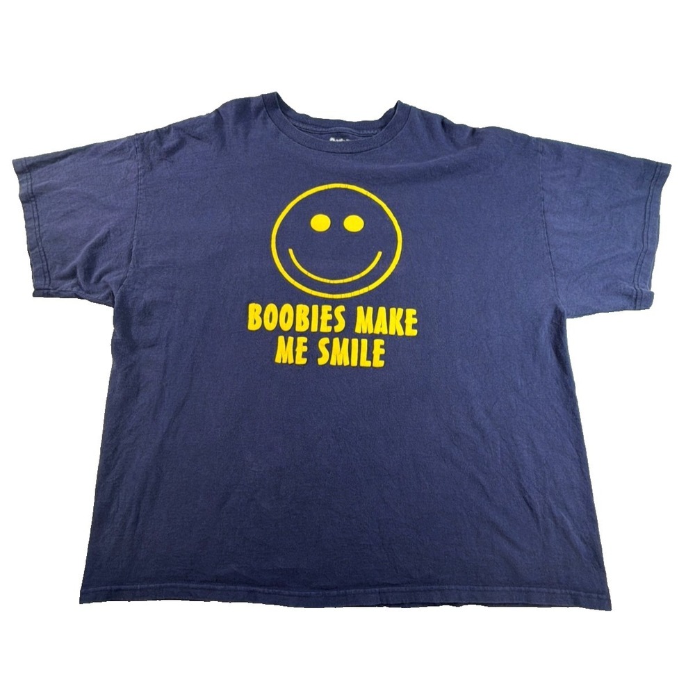 Boobies Make Me Smile Smiley Face Spencer's Navy Blue Novelty Humor Tee 2XL